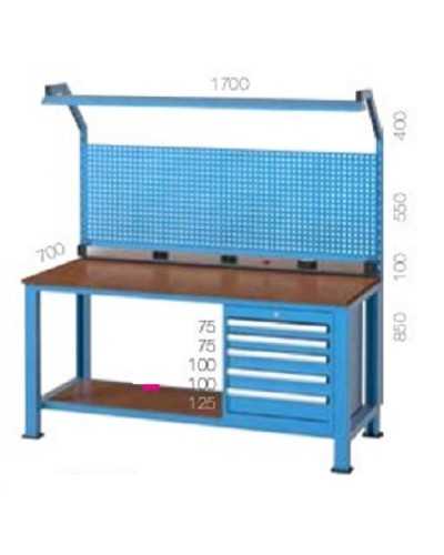 TABLE DE TRAVAIL AVEC PANNEAU PERFORÉ ET TIROIRS 5 T