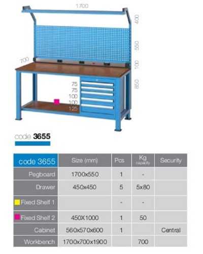 TABLE DE TRAVAIL AVEC PANNEAU PERFORÉ ET TIROIRS 5 T