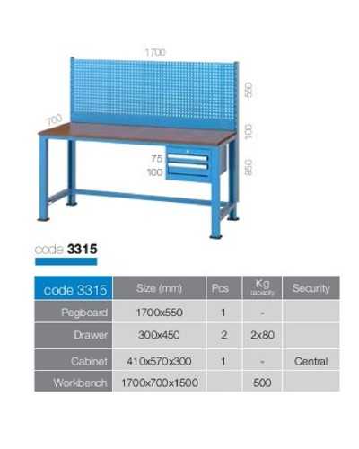 TABLE DE TRAVAIL AVEC PANNEAU PERFORÉ ET TIROIRS 2 T